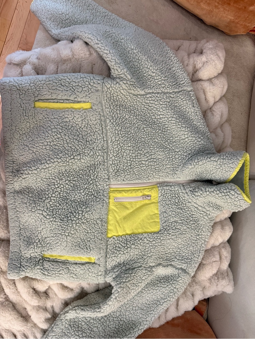 Anthropologie Powder Blue/Mint with Neon Yellow Trim Fleece Quarter-Zip Pullover